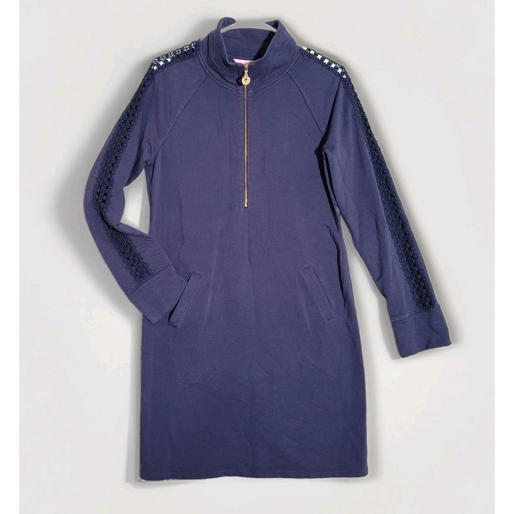 Lilly Pulitzer Skipper Popover Dress Navy Blue Womens M Cotton Blend Long Sleeve